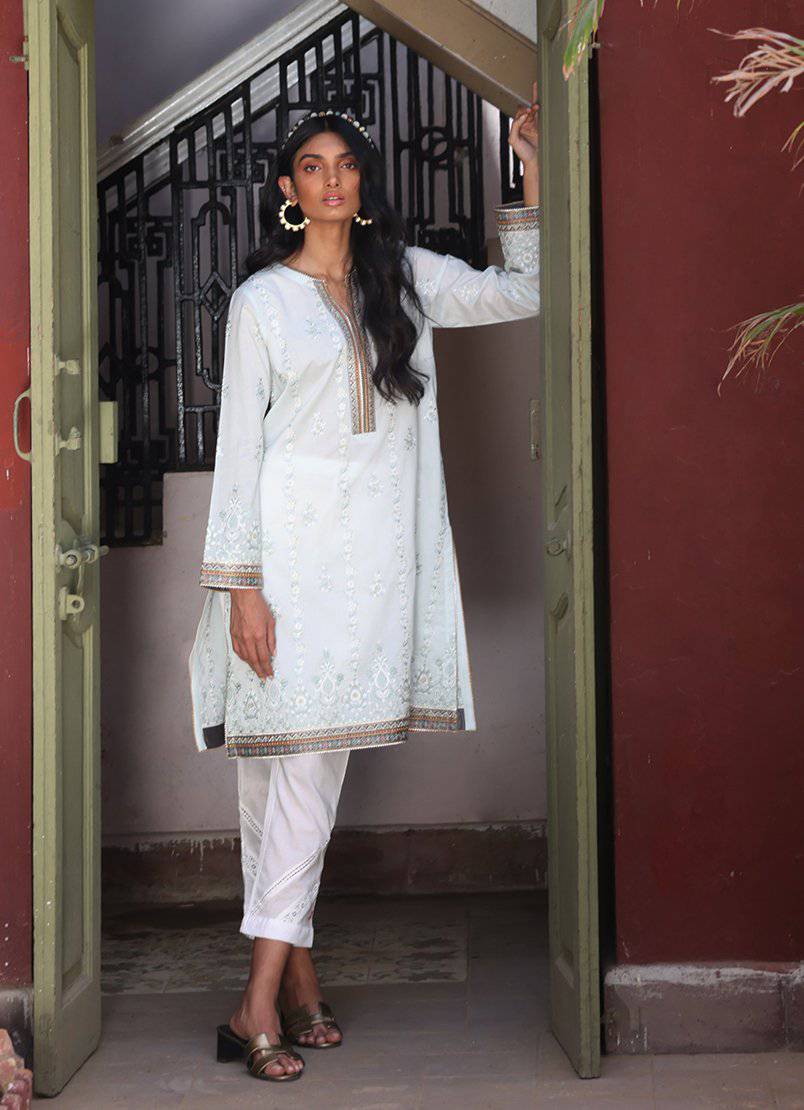 Festive Kurta with Cotton Silk Border - Embroidered Pret